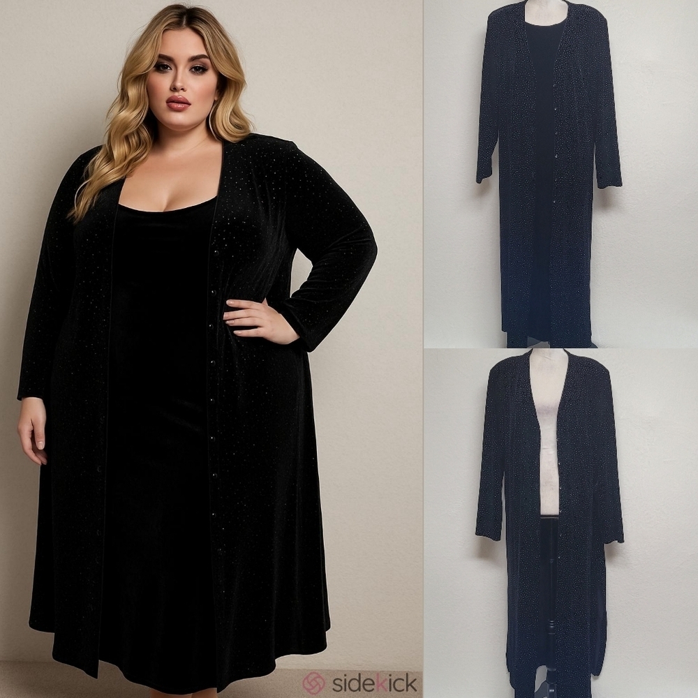 Vintage 80s Ronni Nicole Black Velvet Metallic Swiss Dot Maxi Dress Cardigan 22W